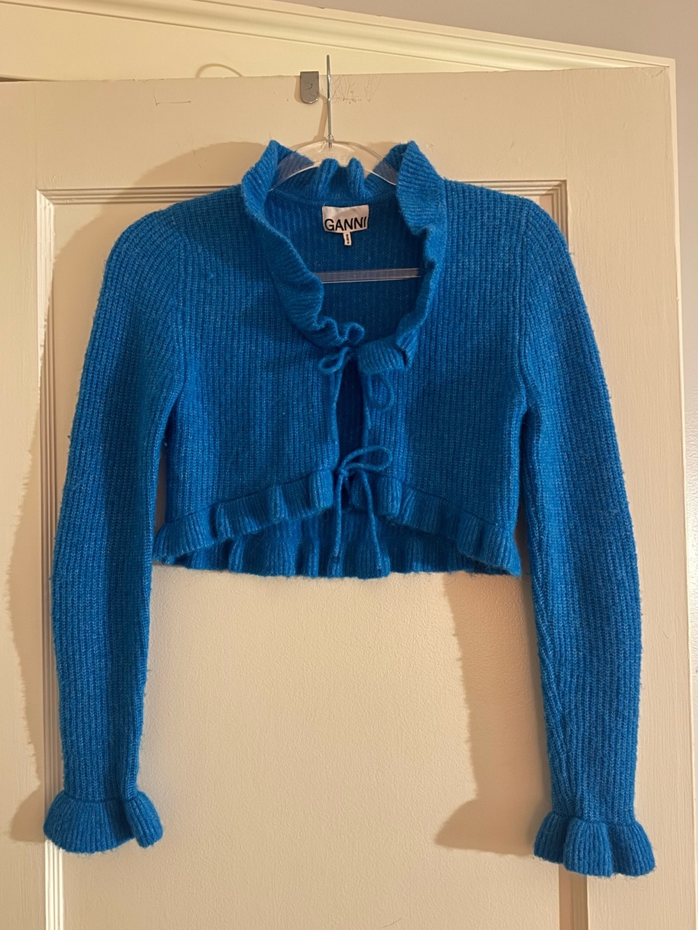 Ganni Bright Blue Cropped Ruffle Tie-Front Cardigan